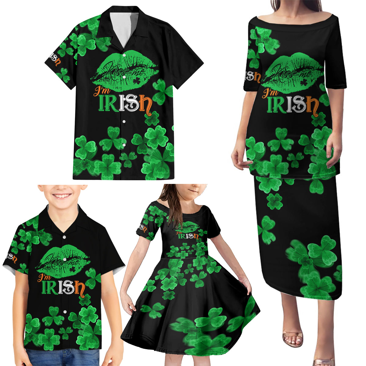 Kiss Me Im Irish St Patricks Day Family Matching Puletasi and Hawaiian Shirt - Wonder Print Shop