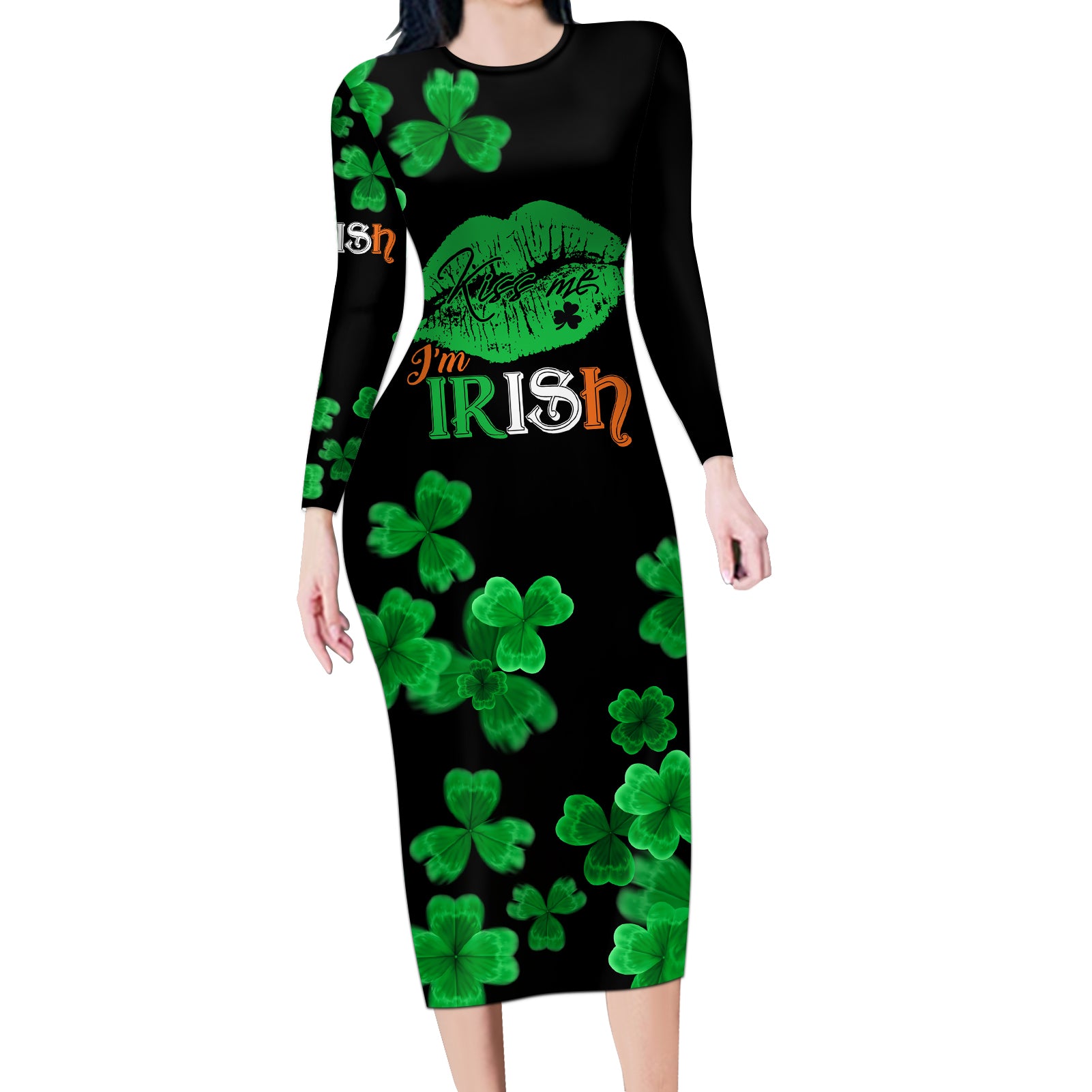 Kiss Me Im Irish St Patricks Day Long Sleeve Bodycon Dress - Wonder Print Shop