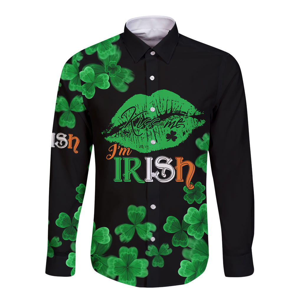 Black long-sleeve button shirt with green clover print and kiss graphic