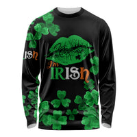 Black long-sleeve shirt with green shamrock print and I’m Irish graphic