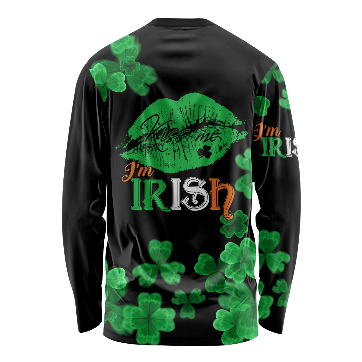 Black long-sleeve shirt angled view with green shamrock print and I’m Irish graphic