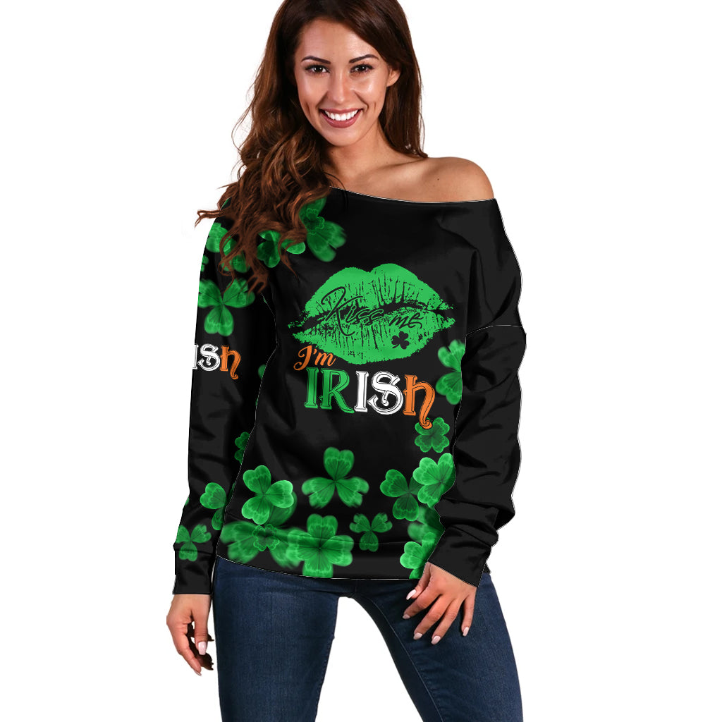 Kiss Me Im Irish St Patricks Day Off Shoulder Sweater - Wonder Print Shop