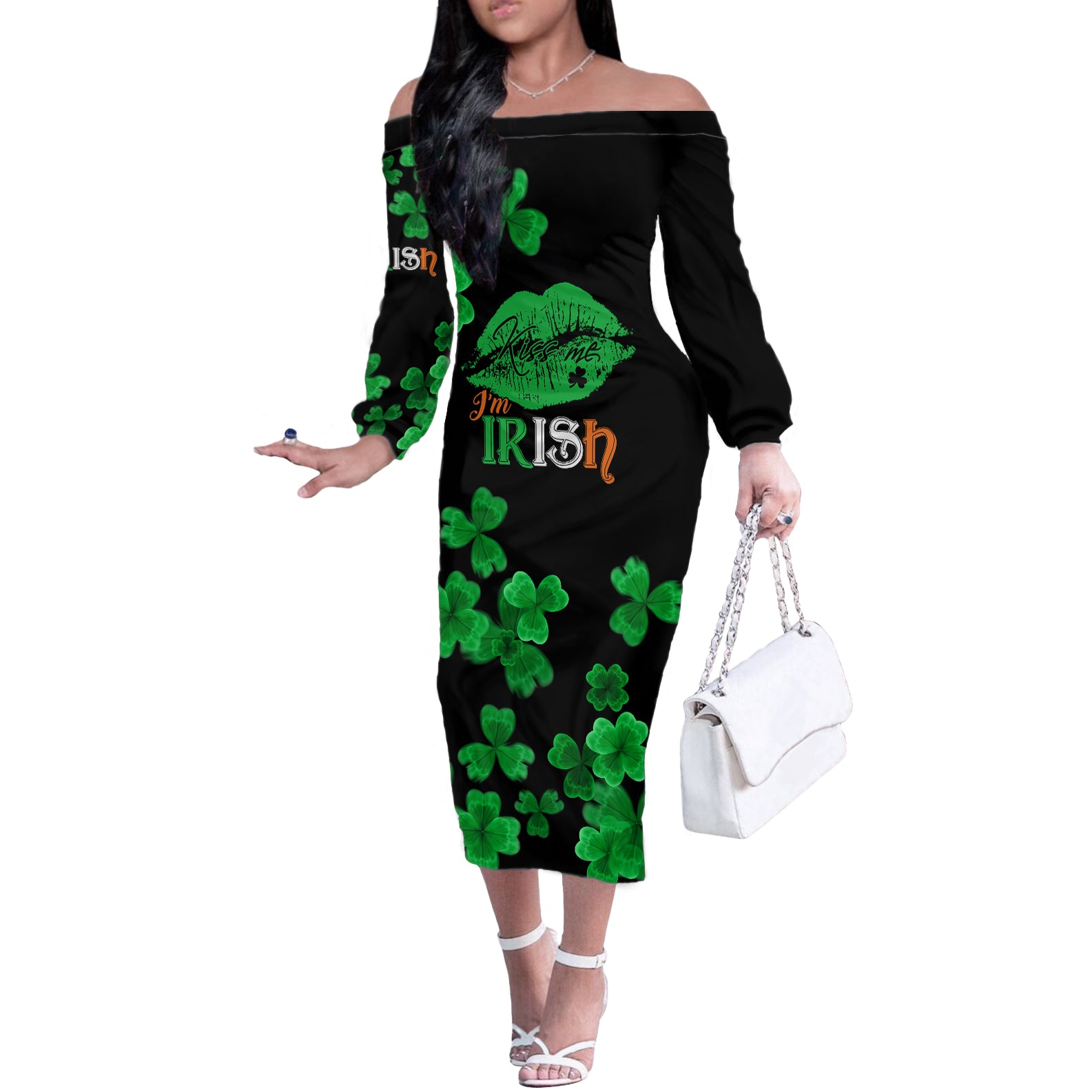 Kiss Me Im Irish St Patricks Day Off The Shoulder Long Sleeve Dress - Wonder Print Shop