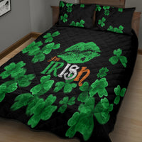 Black quilt bed set with green clover pattern and central 'I'm Irish' graphic on bed