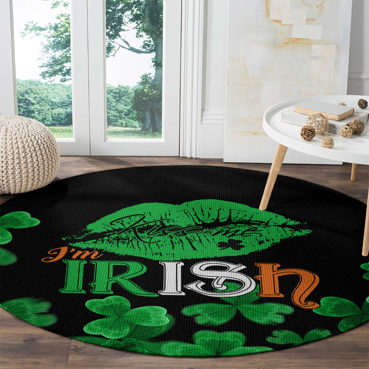 Black round area rug with green kiss-lips, “I’m Irish” text, and shamrock border