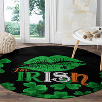 Black round area rug with green kiss-lips, “I’m Irish” text, and shamrock border
