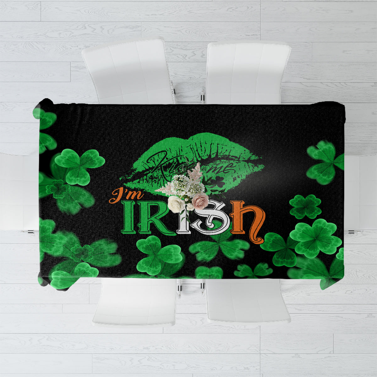 Black St. Patrick's Day tablecloth, green clover pattern with 'I'm Irish' text