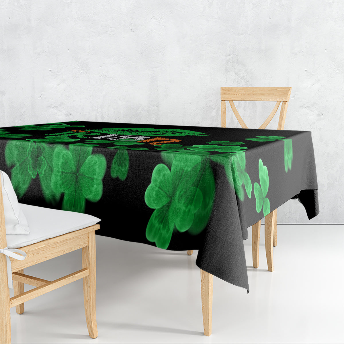 Black St. Patrick's Day tablecloth with bold green clover-leaf pattern