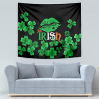 Black tapestry featuring 'I'm Irish' lettering, green clovers, and a lips kiss graphic