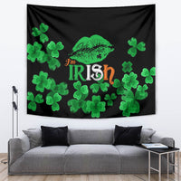Black St. Patrick's Day tapestry with 'I'm Irish' text, green shamrocks, and lips