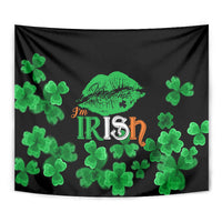 Black tapestry with green shamrocks and 'I'm Irish' text plus a kiss lips graphic