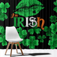 Black curtain with large green clover heart and 'I'm Irish' text, small clovers