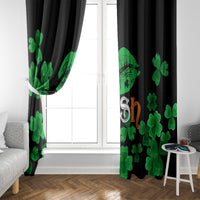 Black window curtain with green clover pattern and 'I'm Irish' design