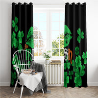 Black window curtains with green clovers and 'I'm Irish' text, ring-top hooks