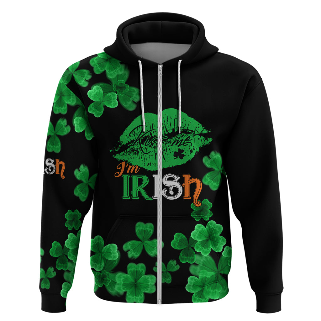 Black zip-up hoodie with green shamrocks and “IRISH” lip graphic