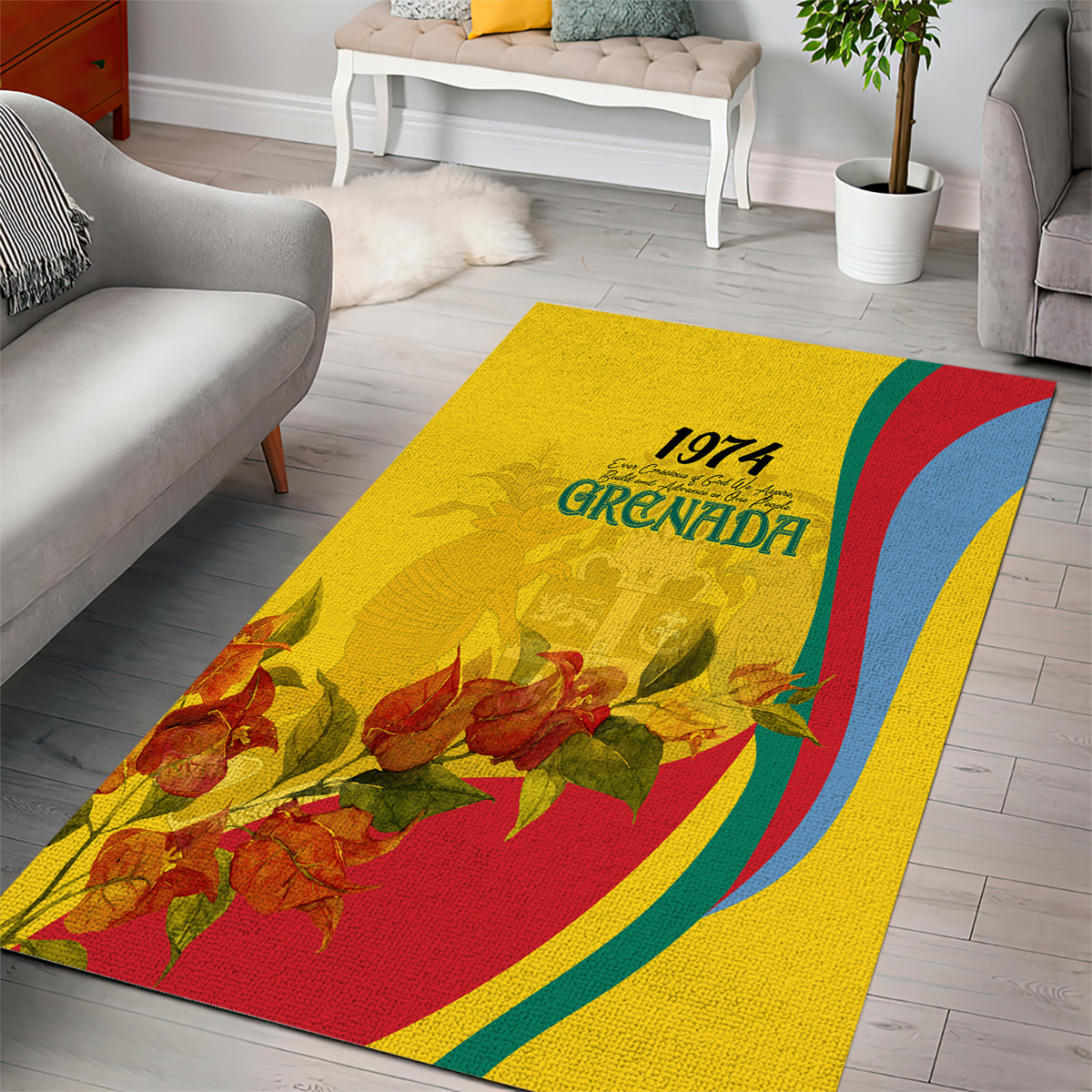 Gold area rug featuring Grenada flag colors and bougainvillea flowers with 1974 emblem