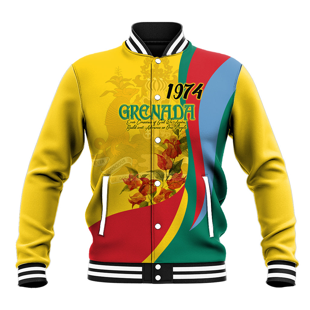 Gold unisex baseball jacket with multicolor flag panel, floral graphic, striped ribbed cuffs
