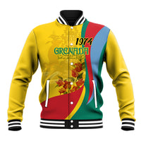 Gold unisex baseball jacket with multicolor flag panel, floral graphic, striped ribbed cuffs