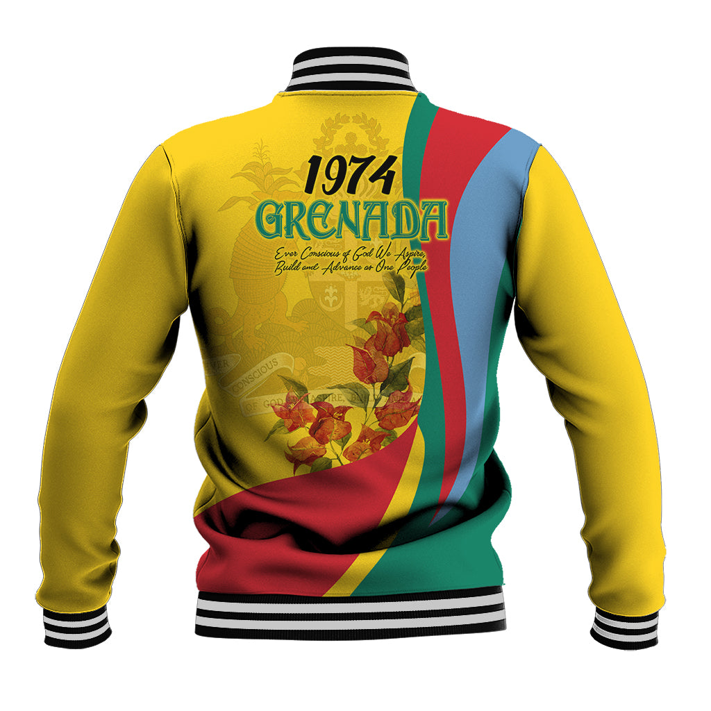 Gold unisex baseball jacket, back art with 1974 text, flag panel, striped ribbed hem
