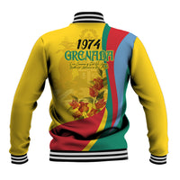 Gold unisex baseball jacket, back art with 1974 text, flag panel, striped ribbed hem