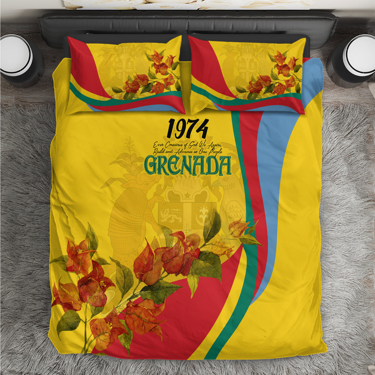 Yellow Grenada flag-style bedding set with floral print and '1974' on the duvet cover.