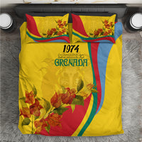 Yellow Grenada flag-style bedding set with floral print and '1974' on the duvet cover.