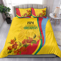 Yellow Grenada flag-style bedding set with floral duvet and two matching pillowcases.