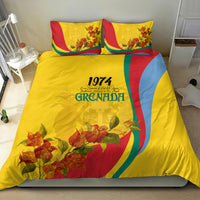 Yellow Grenada flag-style duvet cover with '1974' text, floral bouquet and blue side stripe.