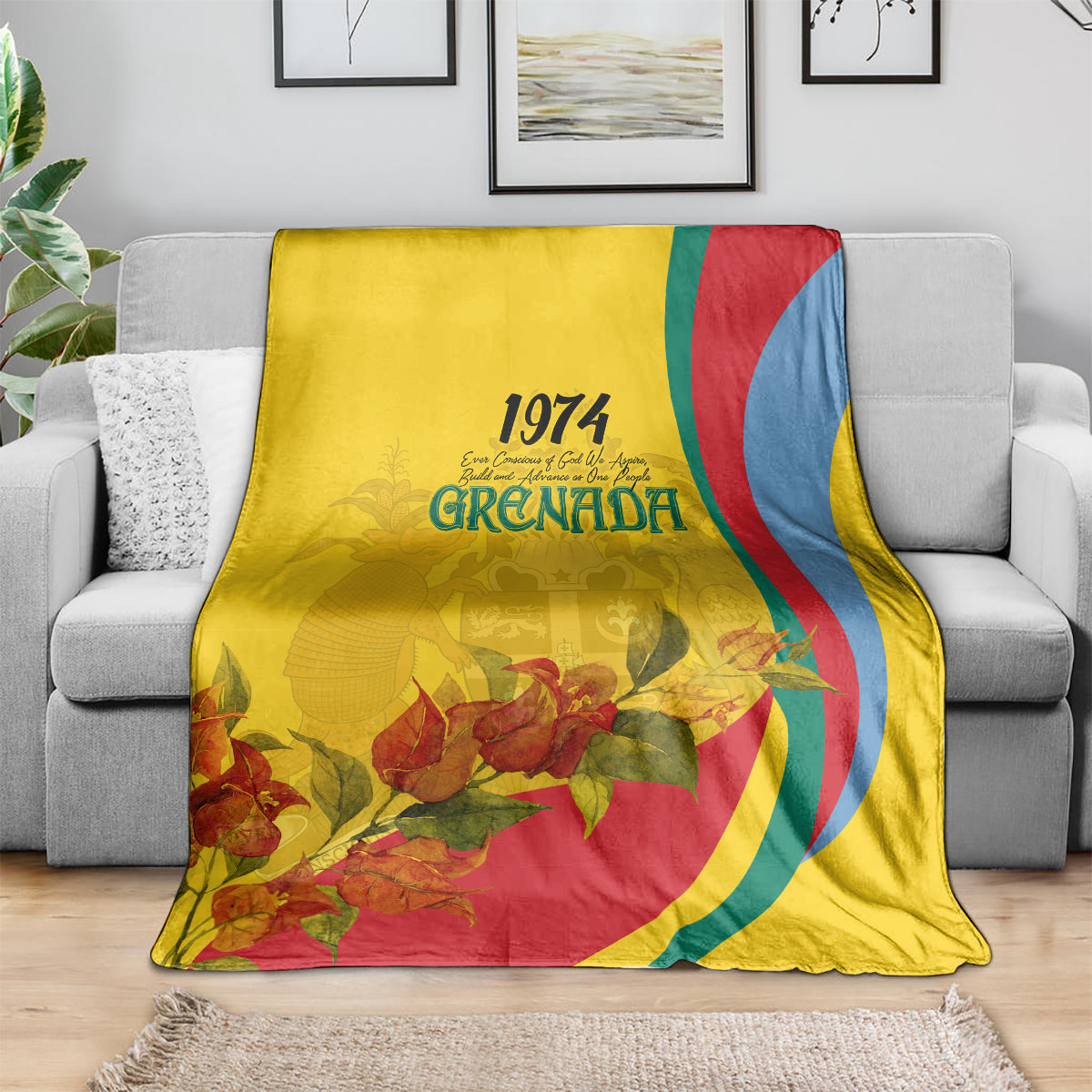 Yellow Grenada flag-style throw blanket with 1974 lettering, flower design, and red-green-blue stripes