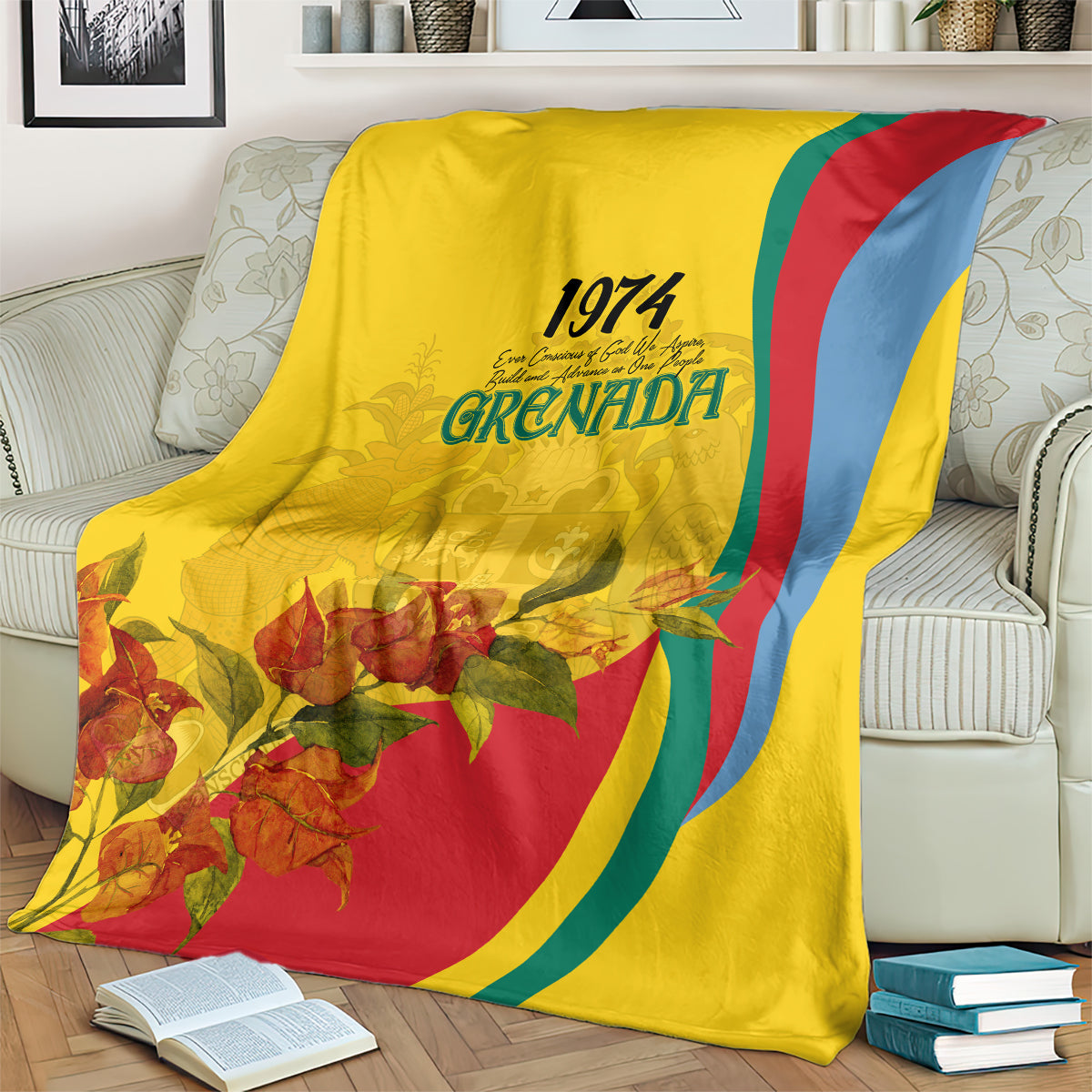 Yellow Grenada flag-style blanket with 1974 text, floral bouquet print, and curved rainbow stripes