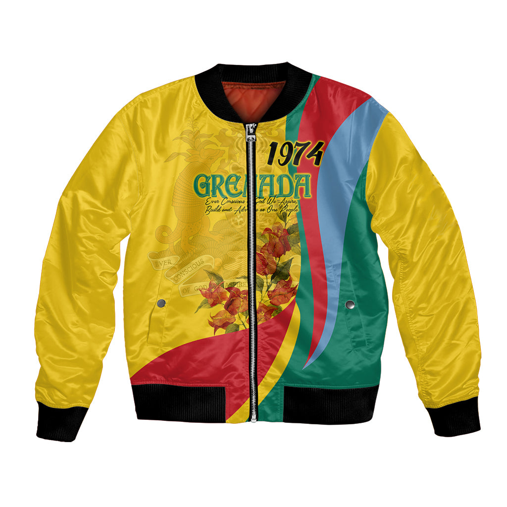 Gold bomber jacket with full-zip front, ribbed cuffs, multicolor flag panel and flowers