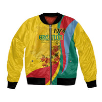 Gold bomber jacket with full-zip front, ribbed cuffs, multicolor flag panel and flowers