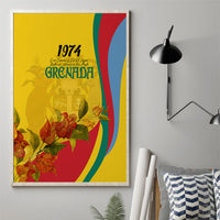 Grenada canvas wall art with yellow flag-style stripes, bougainvillea flowers, 1974.