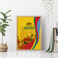 Framed Grenada canvas wall art on floor stand, yellow flag stripes and bougainvillea.