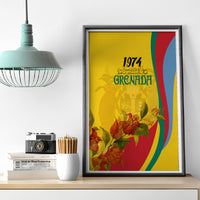 Framed Grenada canvas wall art with yellow background, 1974 text, floral accents, stripes.