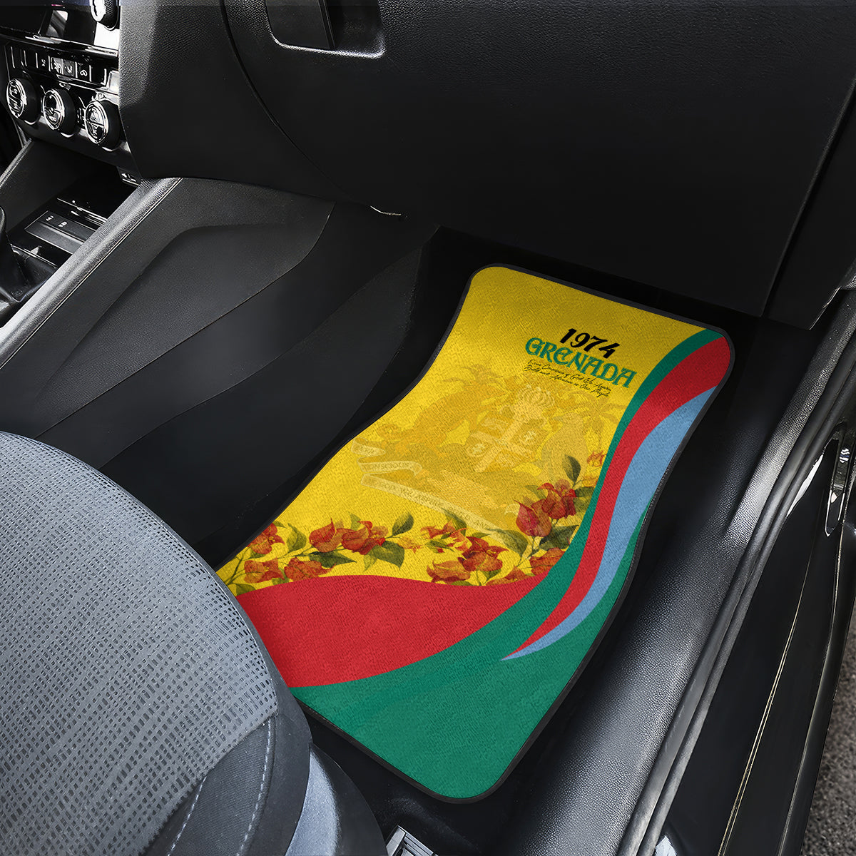 Front car floor mat, yellow with Grenada 1974 print, flowers, red-green flag waves