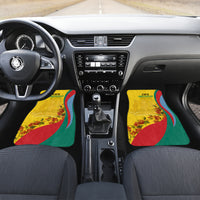 Pair of front car floor mats, yellow with Grenada 1974 print, flowers, red-green flag design