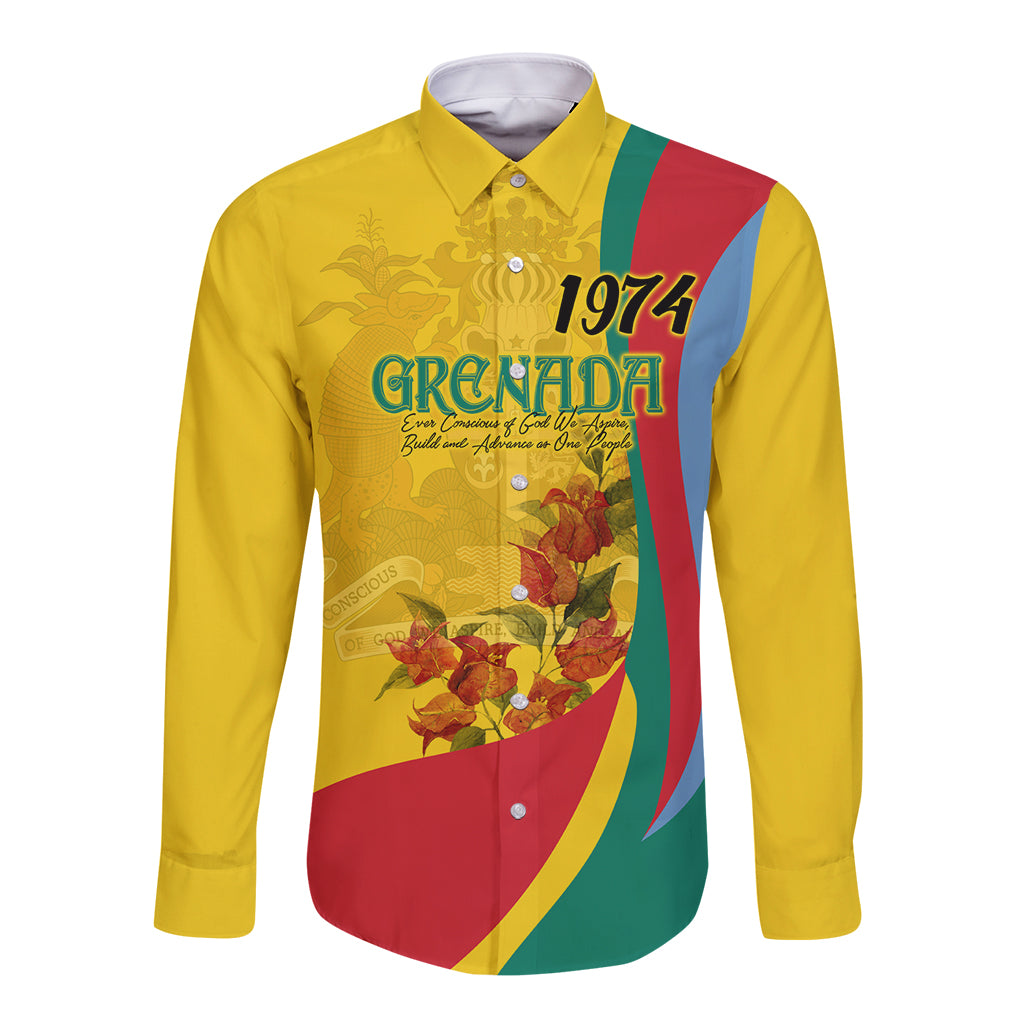 Gold long-sleeve button shirt with colorful Grenada flag-style floral graphic and 1974