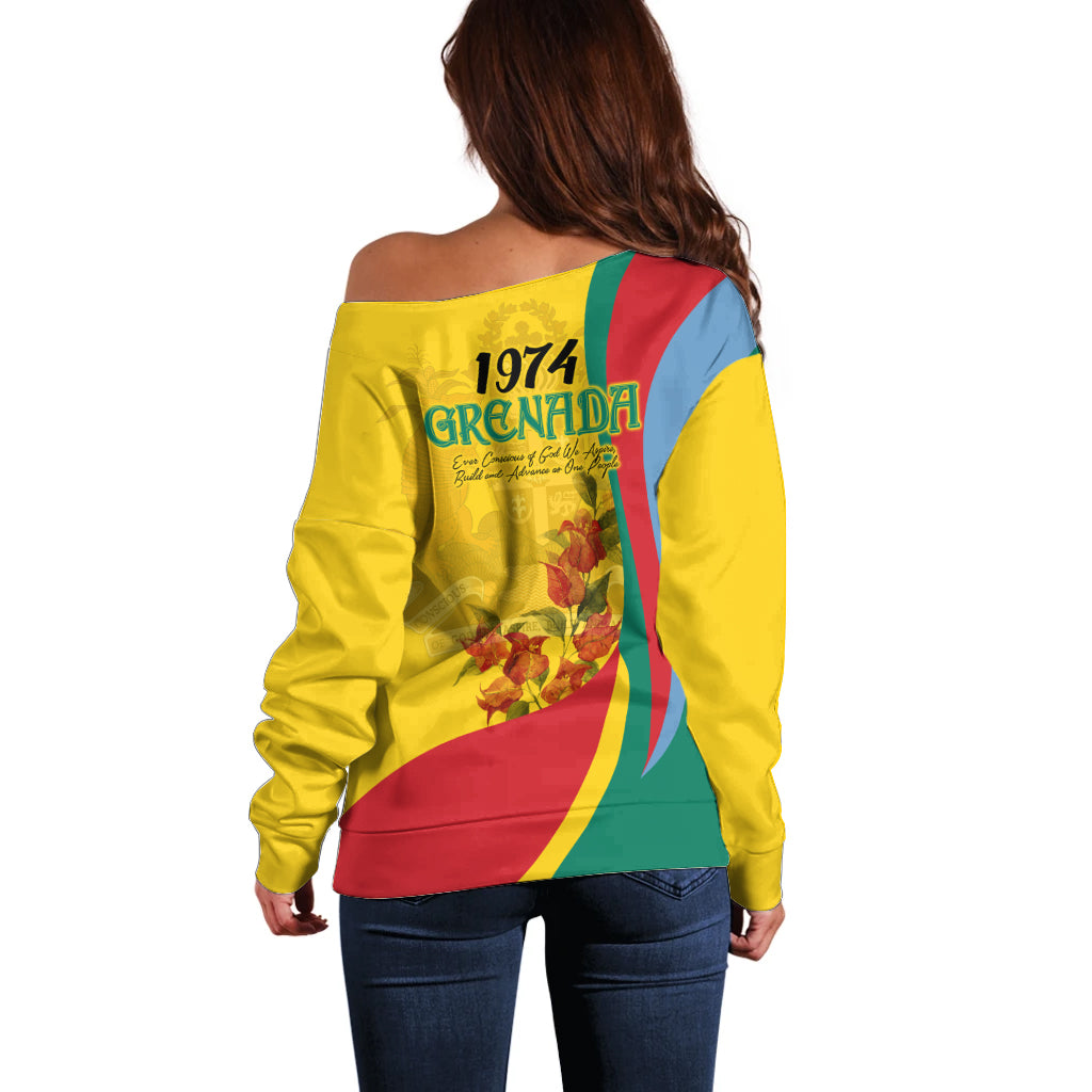Women’s off-shoulder sweater with yellow back featuring Grenada flag print and flowers