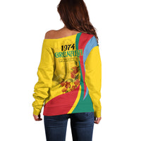 Women’s off-shoulder sweater with yellow back featuring Grenada flag print and flowers