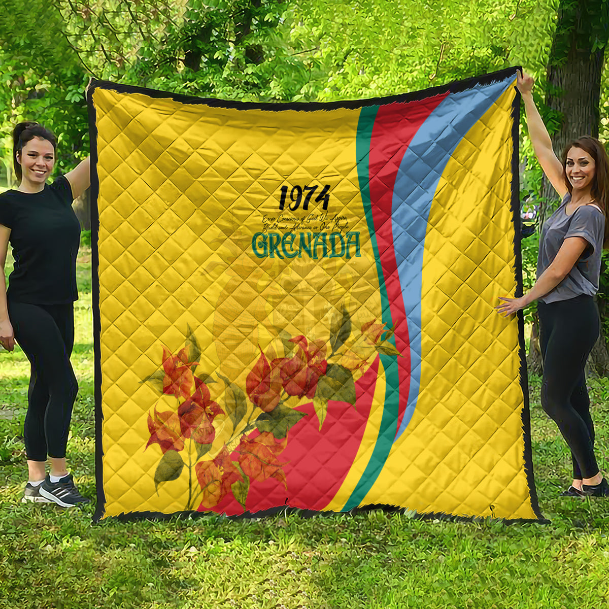Yellow flag-style quilt showing Grenada 1974 emblem, red and blue diagonal stripe, floral bouquet