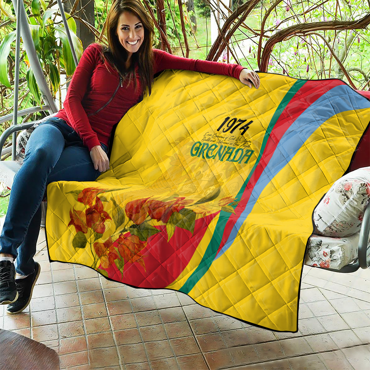 Yellow quilt blanket with quilted texture, Grenada 1974 print, red/blue curved stripe, flowers
