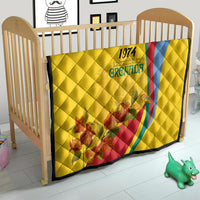 Yellow quilt for crib with quilted diamond pattern, Grenada 1974 emblem, red/blue curved stripe