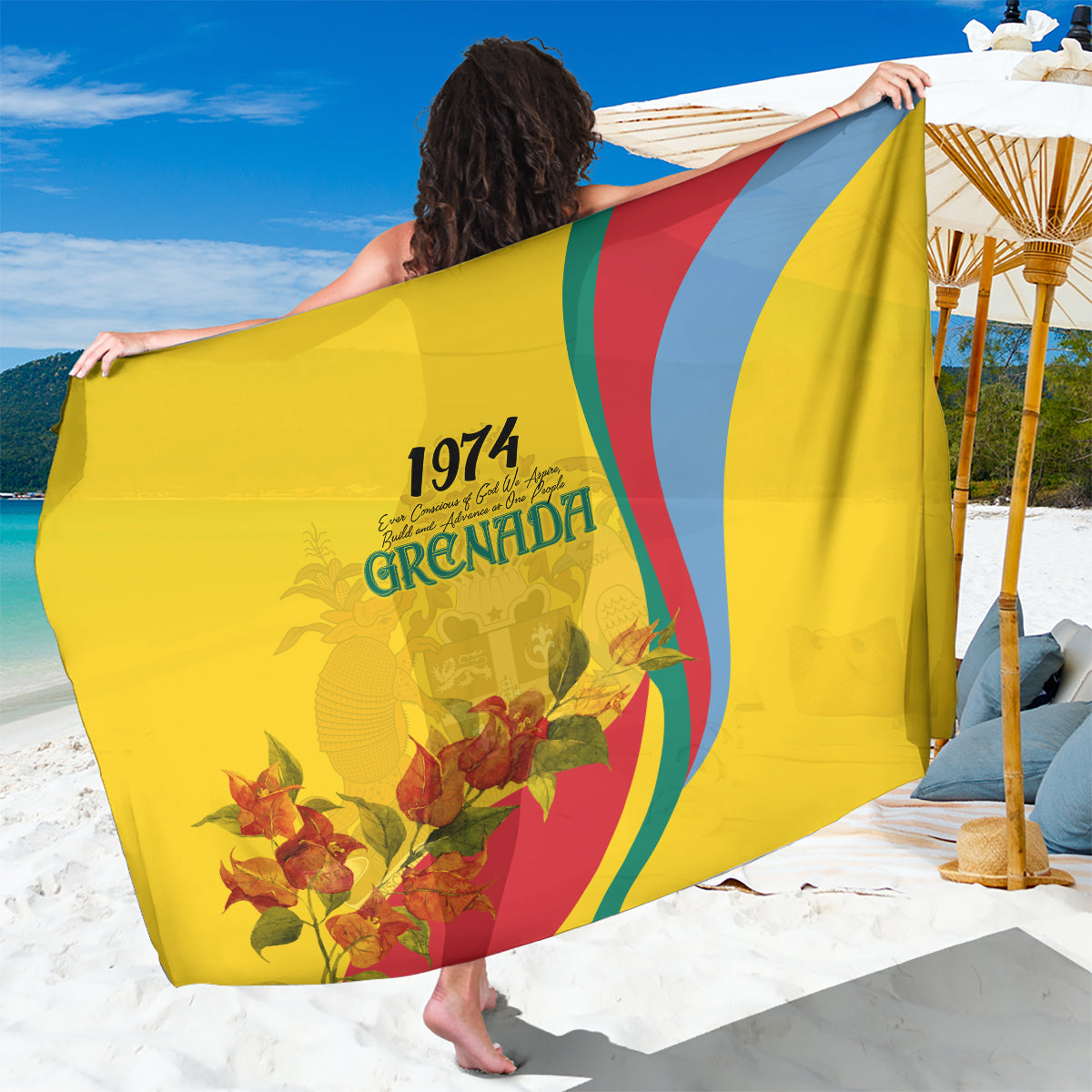 Gold Grenada flag-style sarong with red-green stripes and floral design, “1974 Grenada”