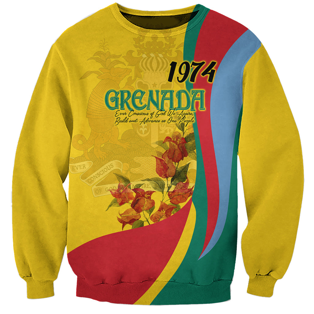 Gold crewneck sweatshirt with 1974 Grenada floral graphic and flag-style panel