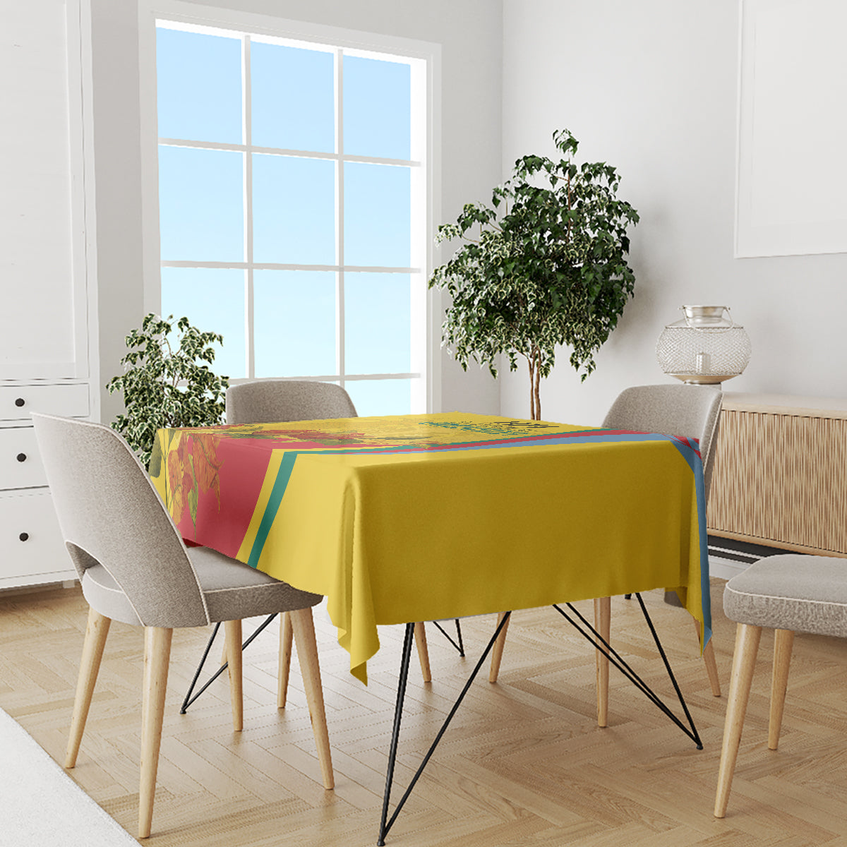 Gold flag-style Independence Day tablecloth draped on a dining table