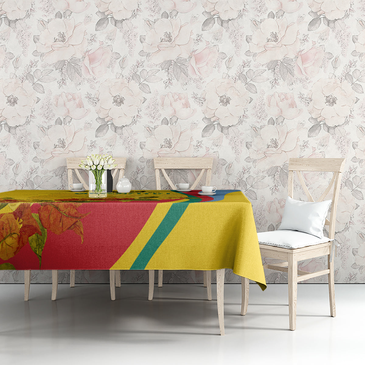Gold tablecloth with flag-style diagonal stripe and floral motif