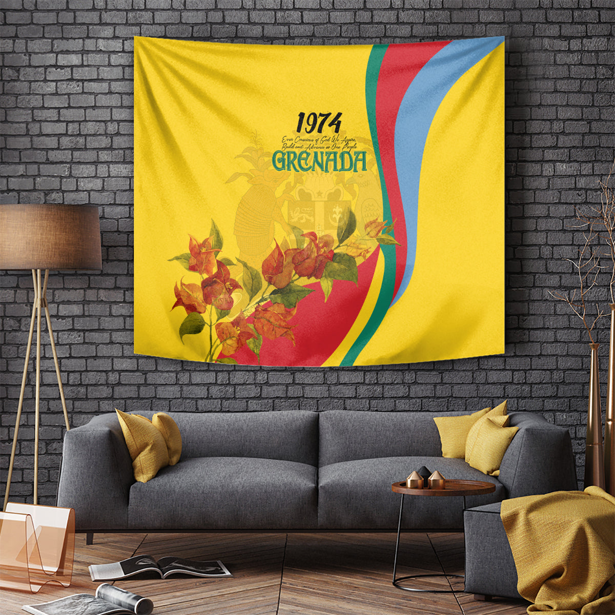 Rectangular yellow Grenada independence tapestry with bougainvillea flowers and 1974 text
