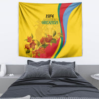 Yellow Grenada independence wall tapestry with 1974 lettering, floral bougainvillea, ribbon wave