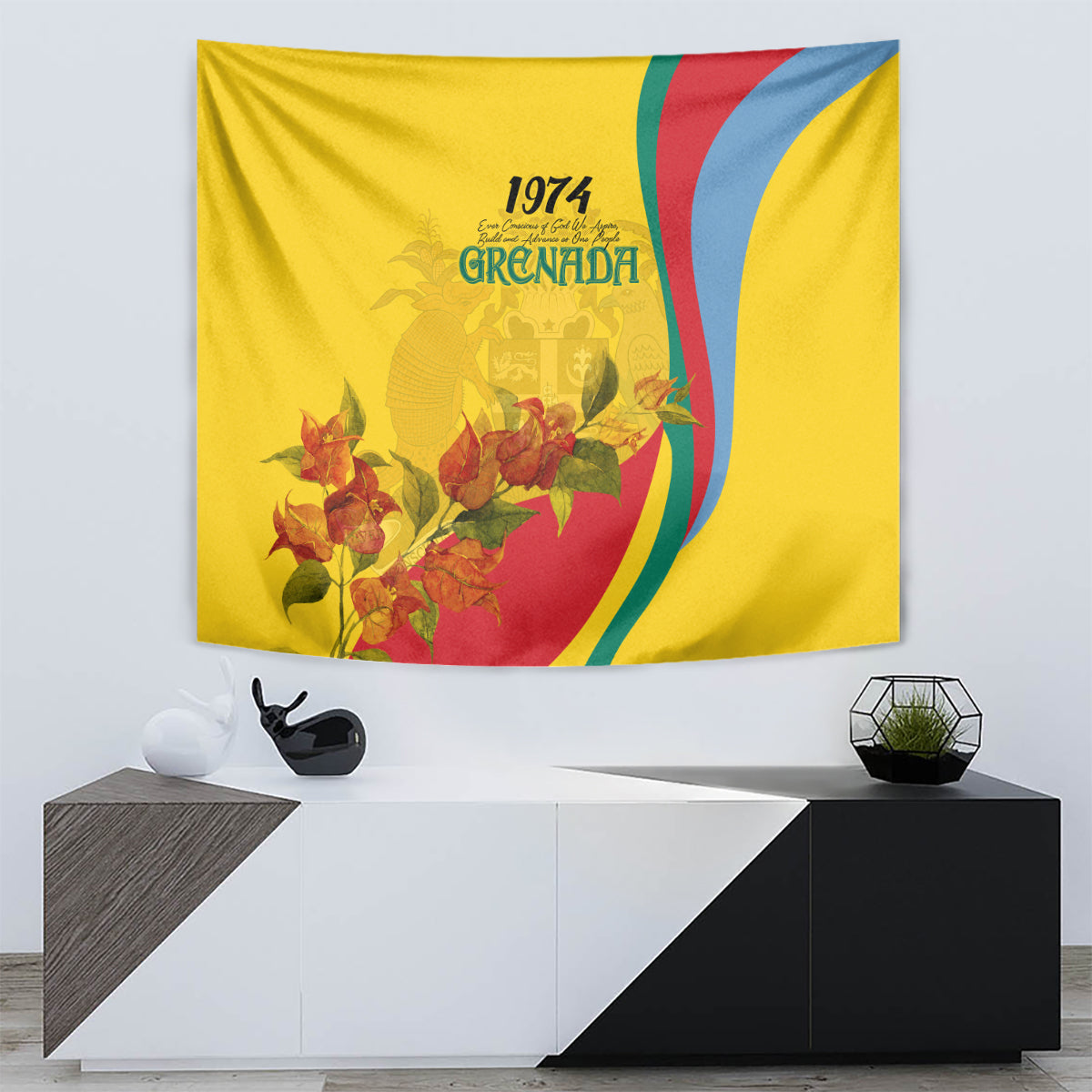 Yellow Grenada tapestry with 1974 text, crest, bougainvillea flowers, curved tricolor band